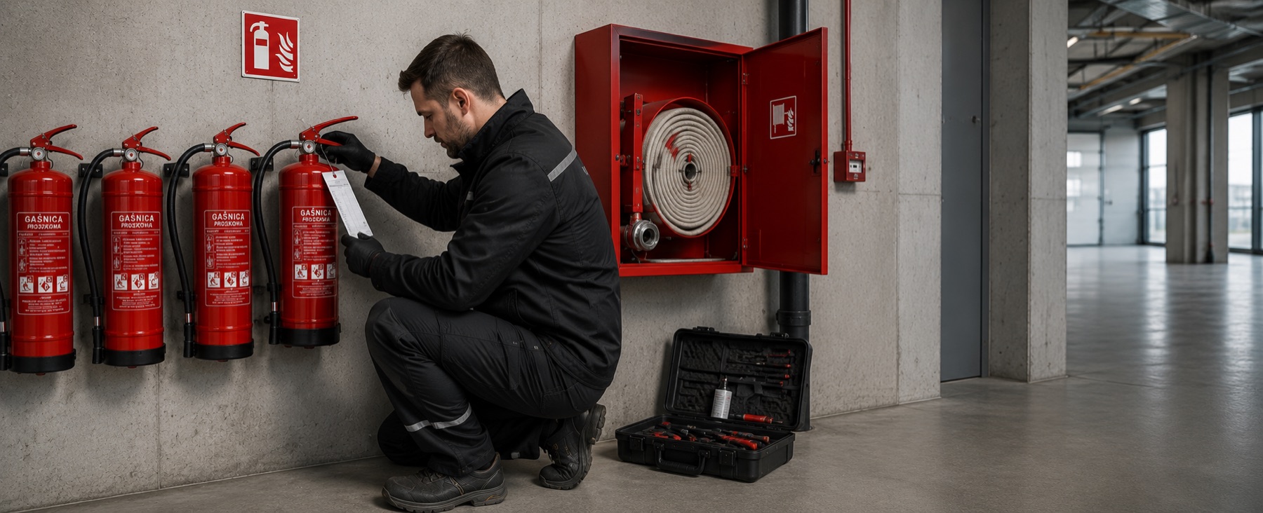 Technik BTF serwisuje rząd gaśnic i szafkę hydrantową w obiekcie przemysłowym